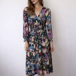 Anne Klein Floral Print Ruched Midi Dress Multicolor XS Romantic Wedding Guest